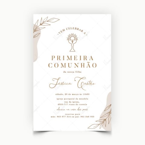 Convite Primeira Comunhão ou Comunhão Solene - Cálice Dourado e Folhinhas - Estilo Simples - A Formiguinha - Viana do Castelo