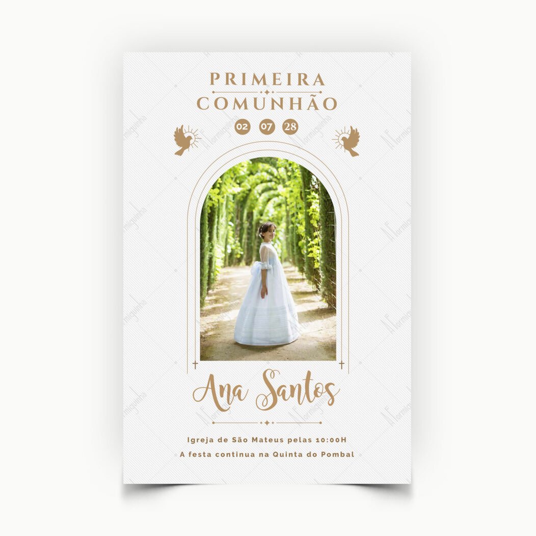 Convite de Primeira Comunhão ou Comunhão Solene. Modelo Dourado e Branco Personalizado com Fotografia.