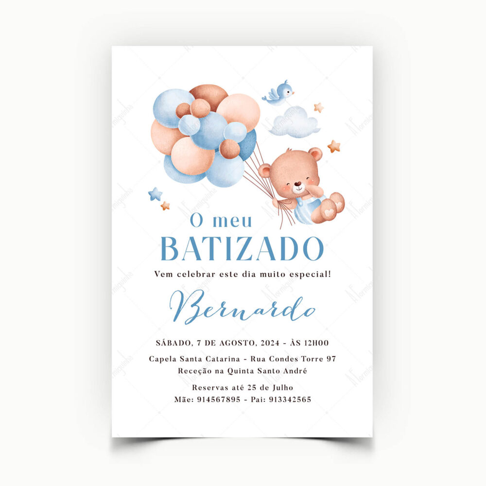 Convite de Batizado Personalizado Ursinho com Balões Azuis - A Formiguinha - Viana do Castelo