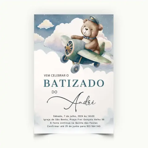 Convite de Batizado Ursinho Piloto. Personalizado para Menino.