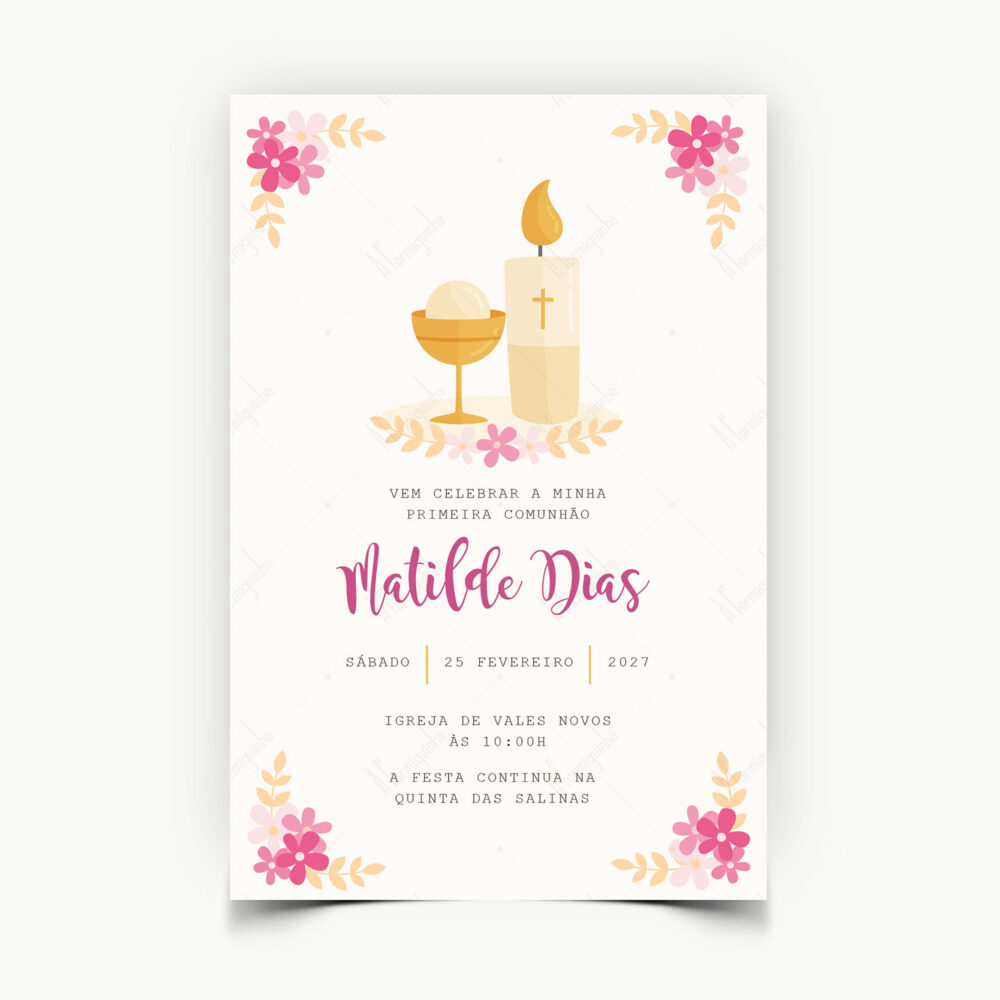 Convite Primeira Comunhão com Vela Cálice e Flores Rosas. Personalizado para Menina - A Formiguinha - Viana do Castelo