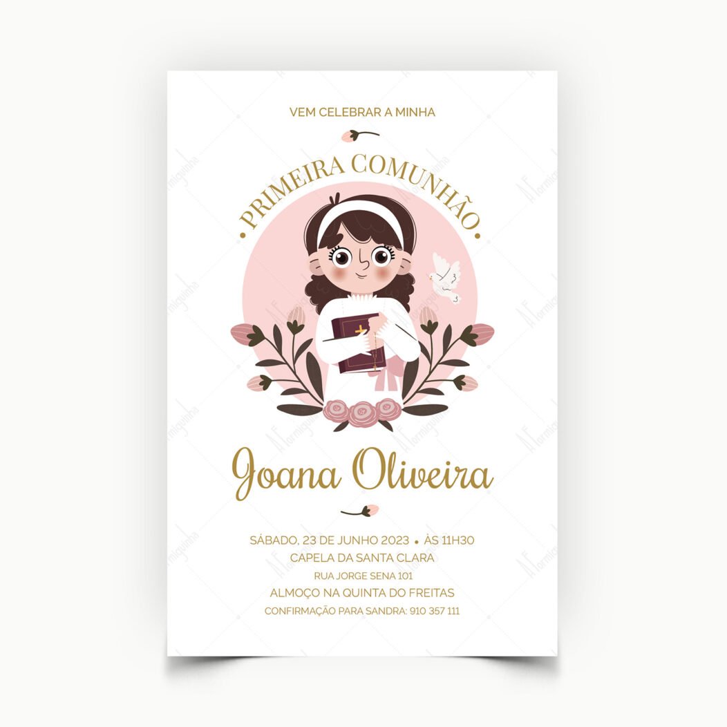 Convite de Primeira Comunhão Personalizado - Menina com Bíblia e Flores Rosa - A Formiguinha - Viana do Castelo