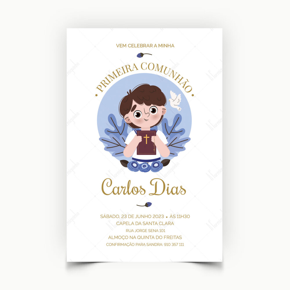 Convite de Primeira Comunhão Personalizado - Menino com Bíblia - A Formiguinha - Viana do Castelo