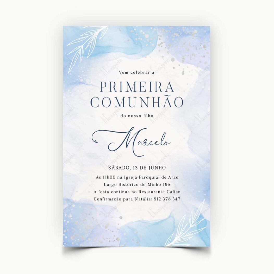 Convite de Primeira Comunhão para Rapaz. Personalizado com Folhinhas em Aquarela Azul. Loja A Formiguinha - Viana do Castelo