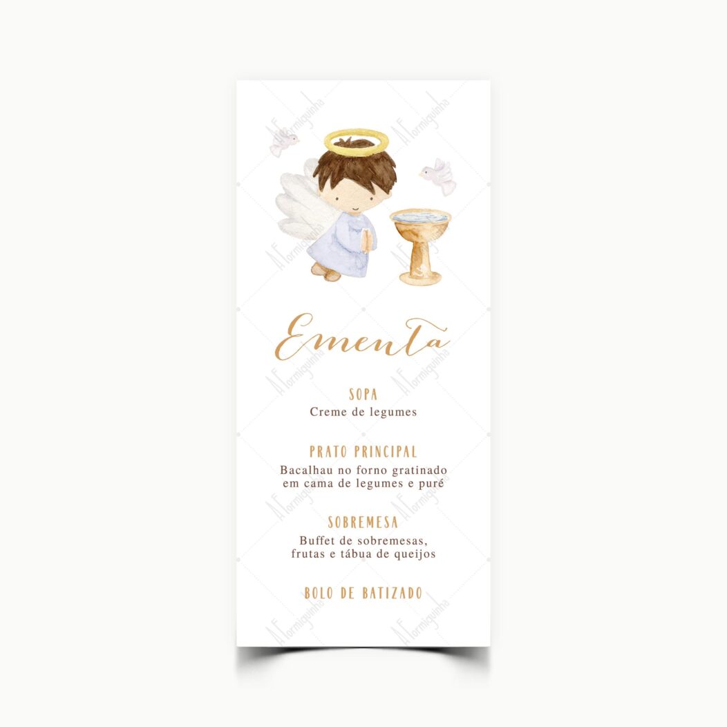 Ementa Personalizada Para Batizado Anjinho para Menino - Menu em Papel 7x15cm